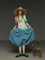 TNIT Vintage Pleated Elastic High Waist Culotte Women's Pure Linen Wide-leg Pants