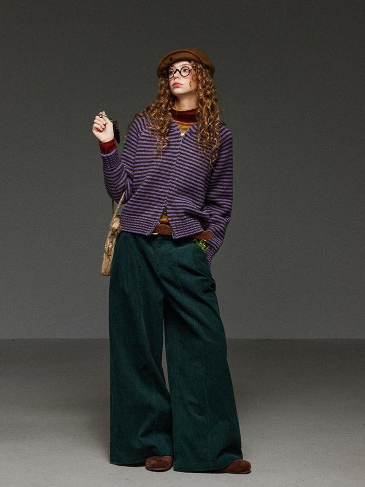TNIT Vintage Striped Hooded Colorblock Loose Knit Women's Knitted Cardigans