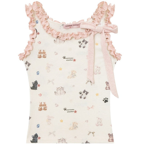 ZIZIFEI_Apricot_Cat_Print_Ruffle_Edge_Slim_Women'S_Polyester_Tank_Tops_MISSTT