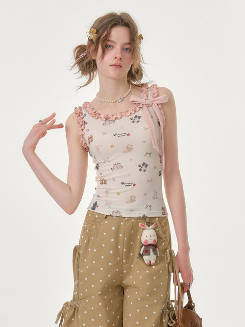 ZIZIFEI Apricot Cat Print Ruffle Edge Slim Women'S Polyester Tank Tops