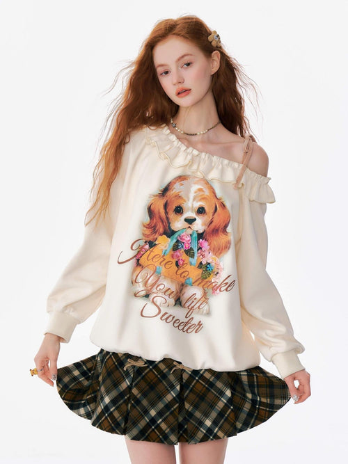 ZIZIFEI Apricot Dog Print Off Shoulder Retro Relaxed Women'S Cotton Long Sleeve T-Shirts