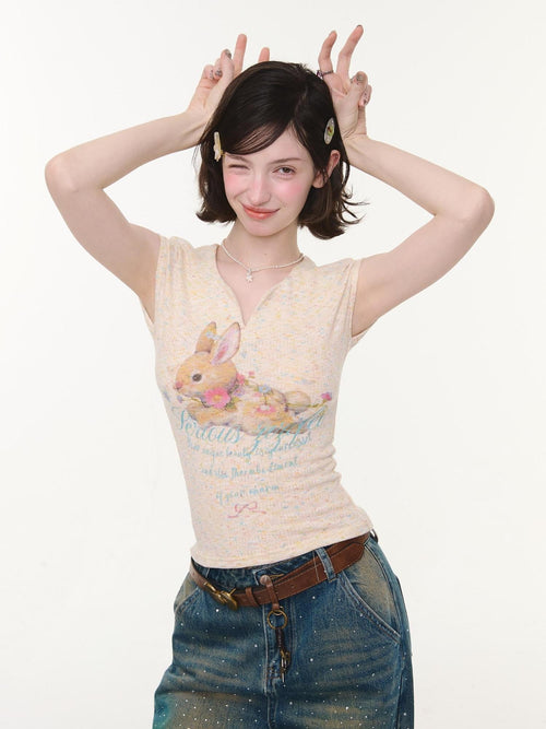 ZIZIFEI Apricot Rabbit Print V-neck Slim Women'S Polyester Blend Short Sleeve T-Shirts