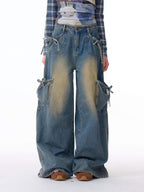 ZIZIFEI Bow American Cargo Multi Pocket High Waist Women'S Denim Wide-Leg Jeans