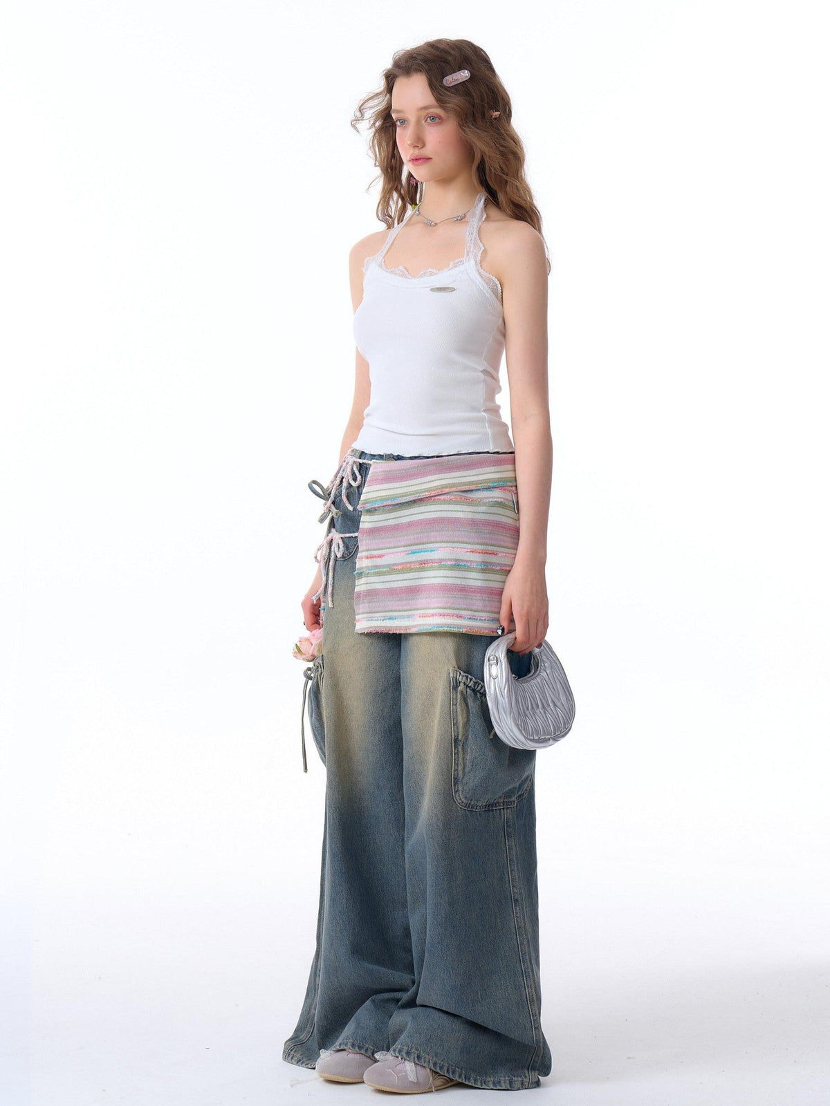 ZIZIFEI Bow American Cargo Multi Pocket High Waist Women'S Denim Wide-Leg Jeans