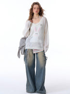 ZIZIFEI Bow American Cargo Multi Pocket High Waist Women'S Denim Wide-Leg Jeans