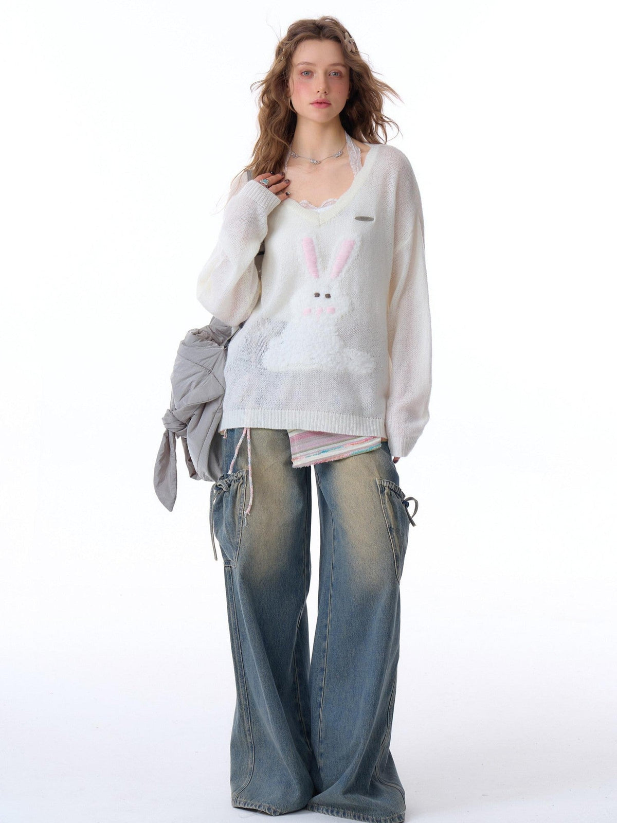 ZIZIFEI Bow American Cargo Multi Pocket High Waist Women'S Denim Wide-Leg Jeans