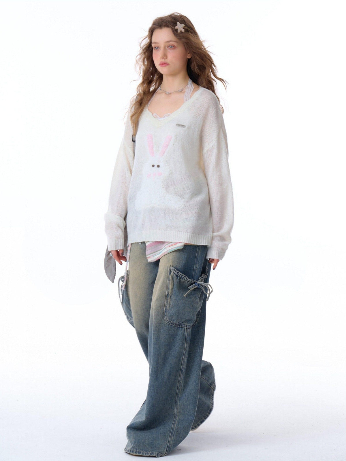 ZIZIFEI Bow American Cargo Multi Pocket High Waist Women'S Denim Wide-Leg Jeans