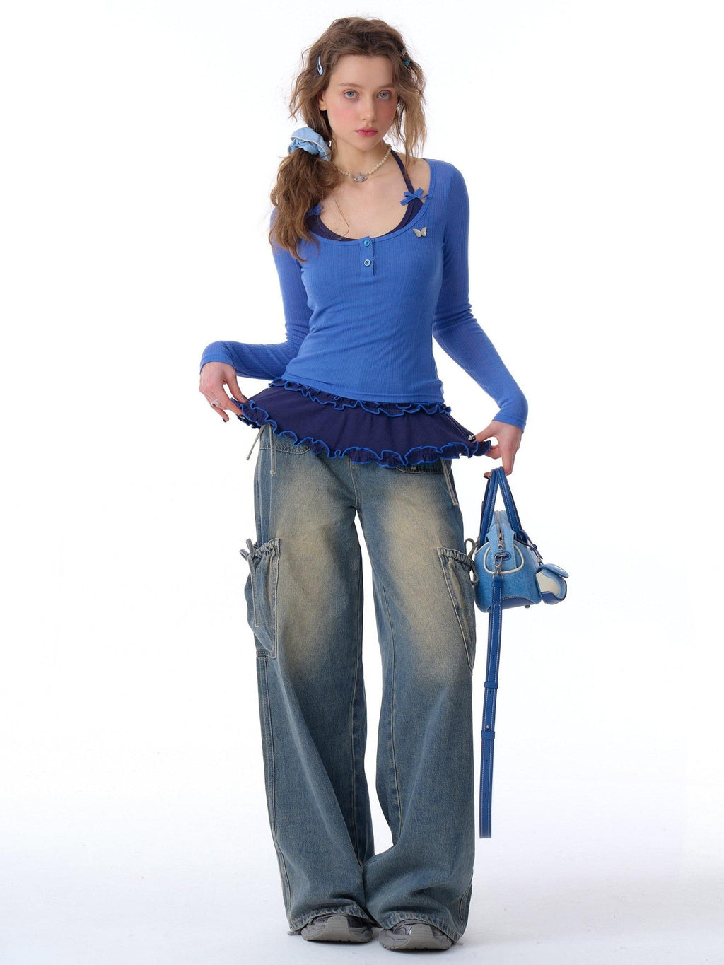 ZIZIFEI Bow American Cargo Multi Pocket High Waist Women'S Denim Wide-Leg Jeans