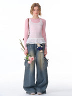 ZIZIFEI Bow American Cargo Multi Pocket High Waist Women'S Denim Wide-Leg Jeans