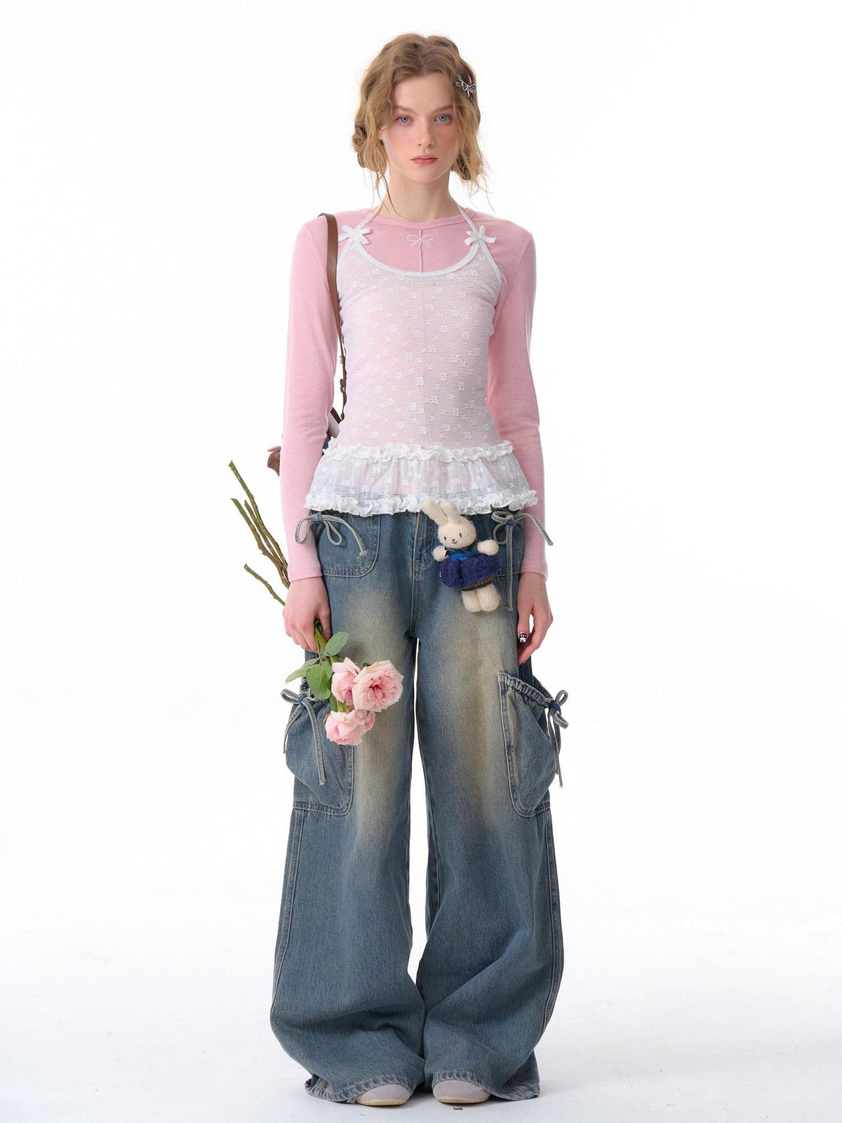 ZIZIFEI Bow American Cargo Multi Pocket High Waist Women'S Denim Wide-Leg Jeans