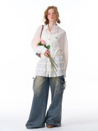 ZIZIFEI Bow American Cargo Multi Pocket High Waist Women'S Denim Wide-Leg Jeans