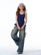ZIZIFEI Bow American Cargo Multi Pocket High Waist Women'S Denim Wide-Leg Jeans