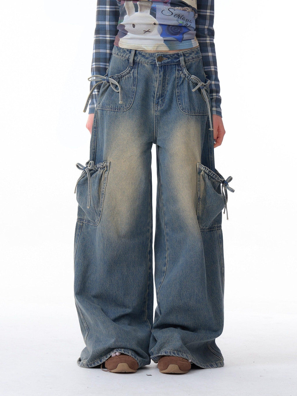 ZIZIFEI Bow American Cargo Multi Pocket High Waist Women'S Denim Wide-Leg Jeans