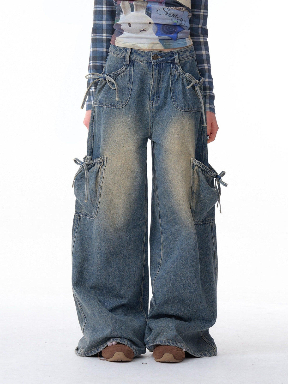 ZIZIFEI Bow American Cargo Multi Pocket High Waist Women'S Denim Wide-Leg Jeans