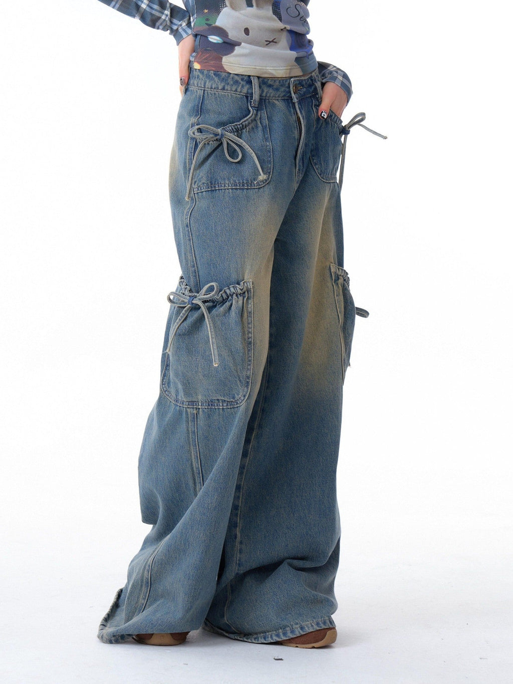 ZIZIFEI Bow American Cargo Multi Pocket High Waist Women'S Denim Wide-Leg Jeans