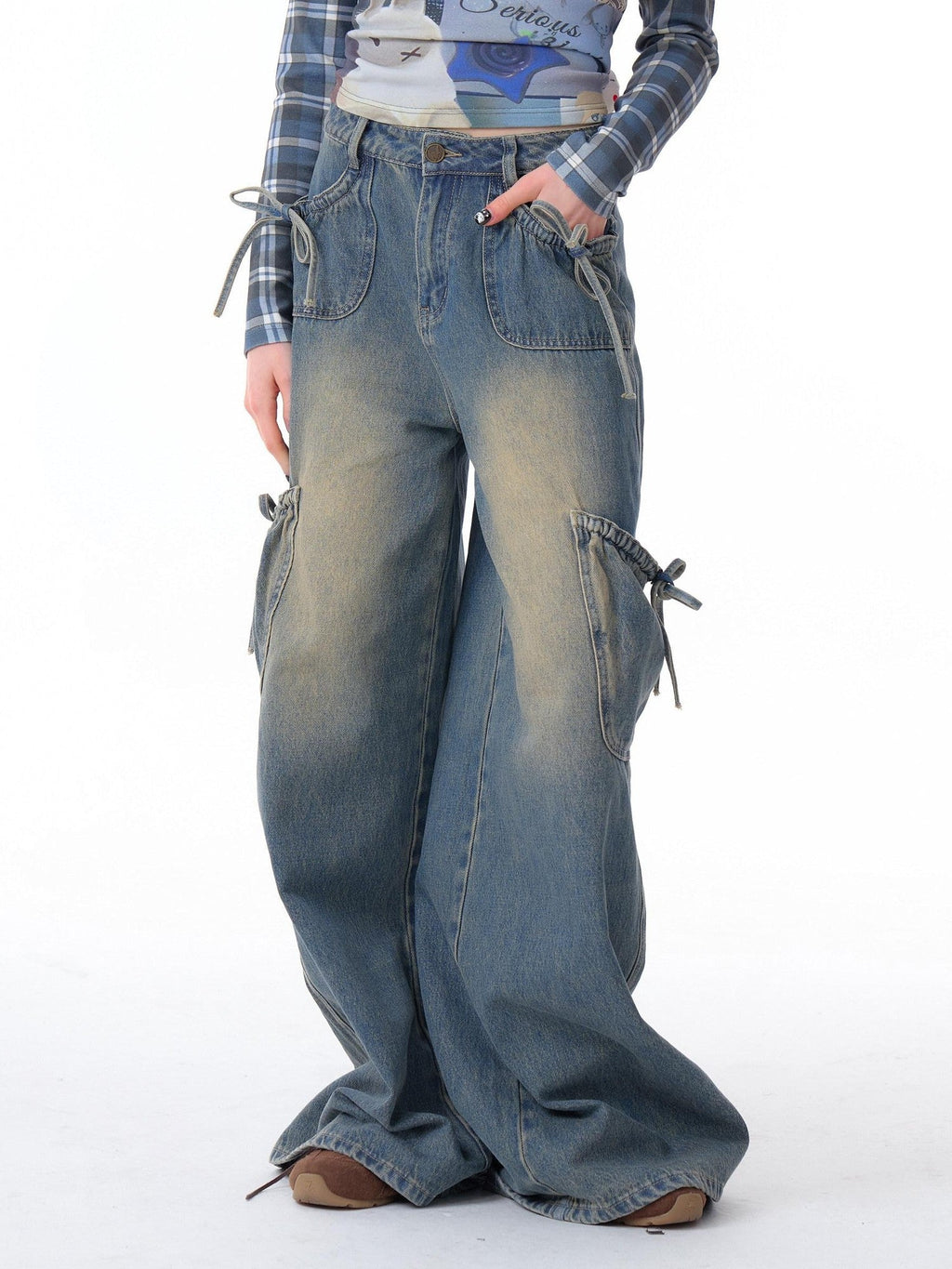 ZIZIFEI Bow American Cargo Multi Pocket High Waist Women'S Denim Wide-Leg Jeans