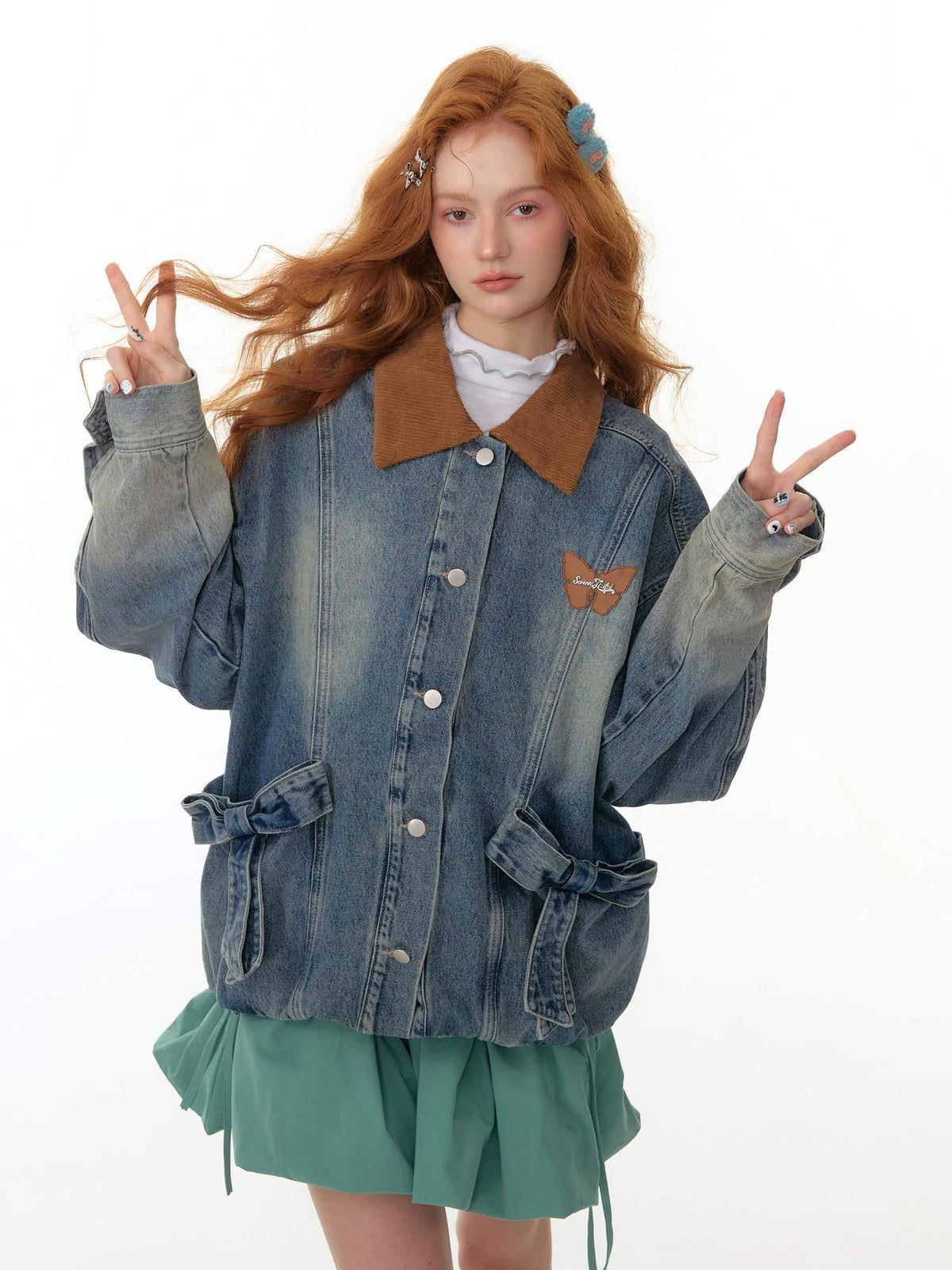 ZIZIFEI Bow Corduroy Polo Collar Vintage Women'S Cotton Denim Jackets