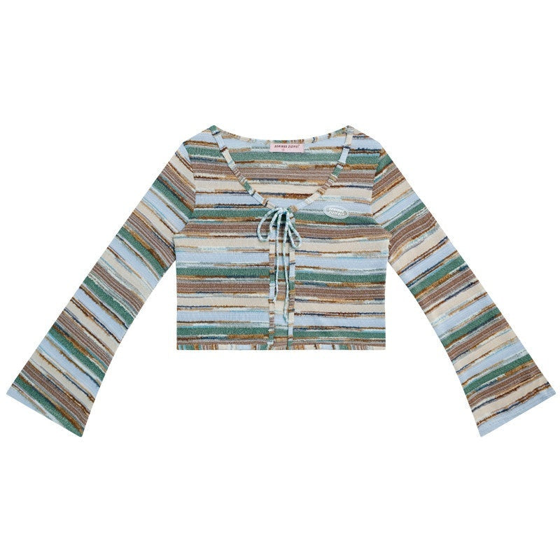 ZIZIFEI_Contrast_Striped_V-neck_Drawstring_Bow_Knit_Slim_Fit_Women'S_Polyester_Cardigans_MISSTT