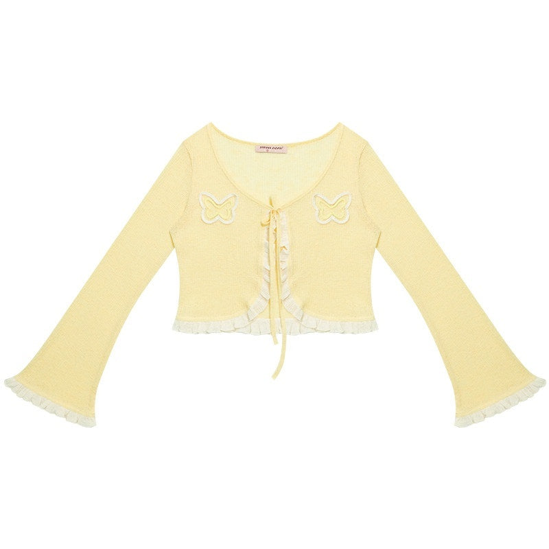 ZIZIFEI_Cropped_V-neck_Butterfly_Lace_Bell_Sleeve_Women'S_Cardigans_MISSTT