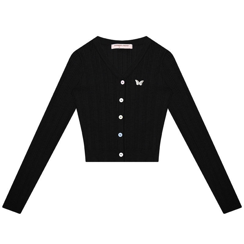 ZIZIFEI_Cropped_V-neck_Slim_Fit_Long_Sleeve_Buttoned_Knitted_Women'S_Viscose_Cardigans_MISSTT