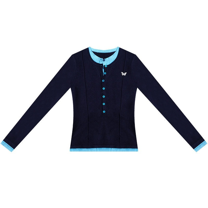 ZIZIFEI_Deep_Navy_Colorblock_Faux_Two_Piece_Slim_Women'S_Viscose_Long_Sleeve_T-Shirts_MISSTT
