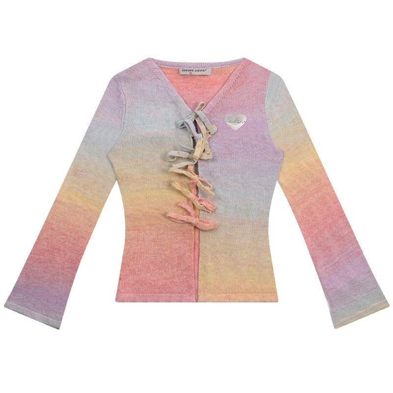 ZIZIFEI_Gradient_Bow_Tie_Retro_V-neck_Slim_Knit_Women'S_Acrylic_Cardigans_MISSTT