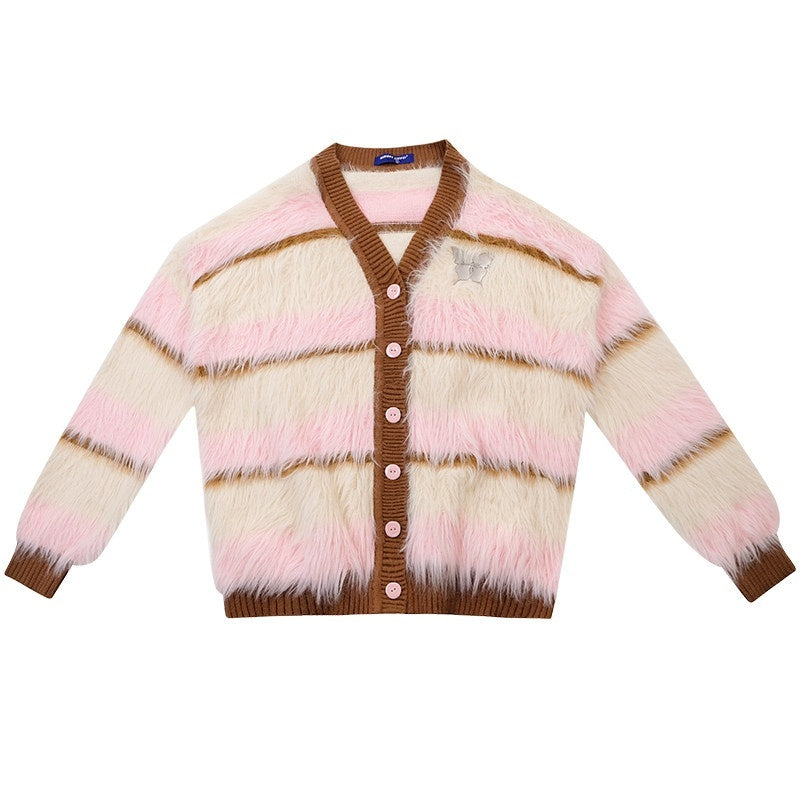 ZIZIFEI_Pink_White_Striped_V-neck_Button_Knit_Soft_Nylon_Women'S_Cardigans_MISSTT