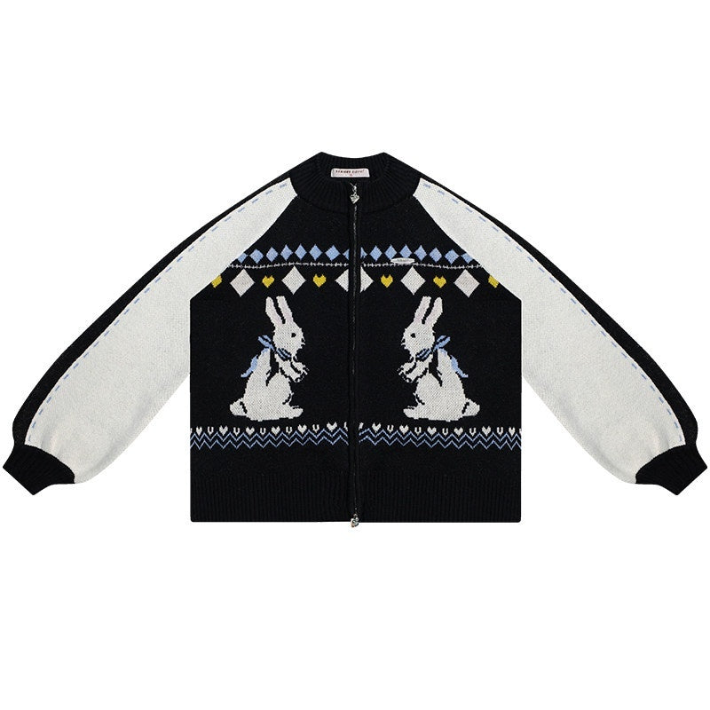 ZIZIFEI_Retro_Contrast_Patchwork_Rabbit_Zip_Mock_Neck_Women'S_Acrylic_Cardigans_MISSTT
