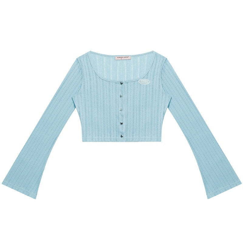 ZIZIFEI_Semi_Sheer_Openwork_Cropped_V-neck_Buttoned_Women'S_Viscose_Blend_Cardigans_MISSTT