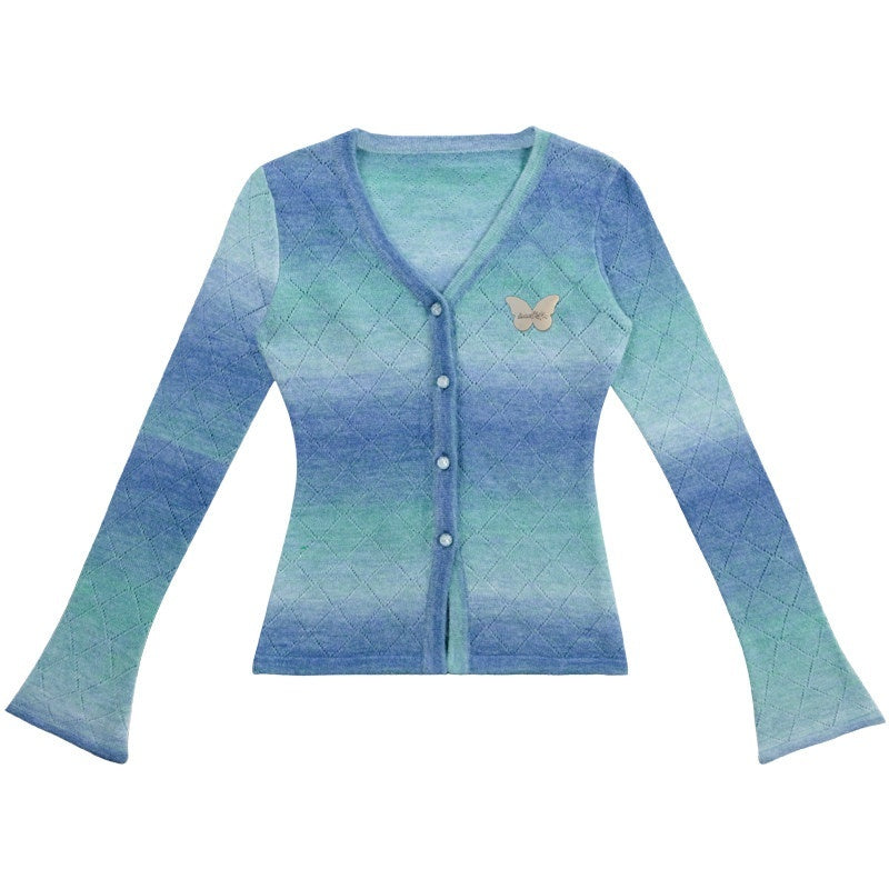 ZIZIFEI_Us_Vintage_Colorblock_Gradient_Button_V-neck_Women'S_Viscose_Knit_Cardigans_MISSTT
