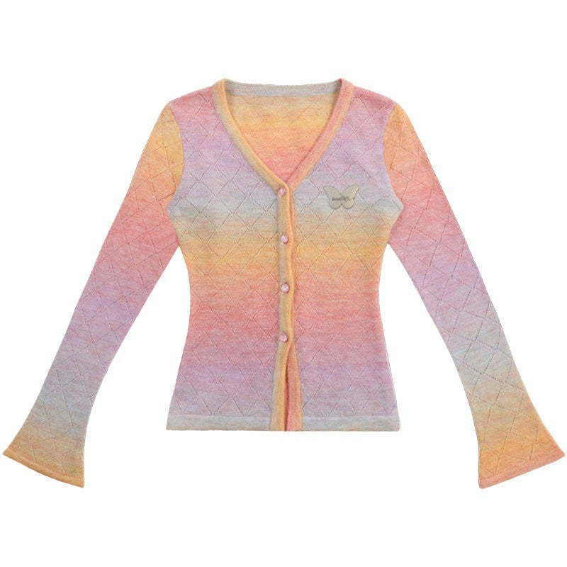ZIZIFEI_Us_Vintage_Colorblock_Gradient_Button_V-neck_Women'S_Viscose_Knit_Cardigans_MISSTT