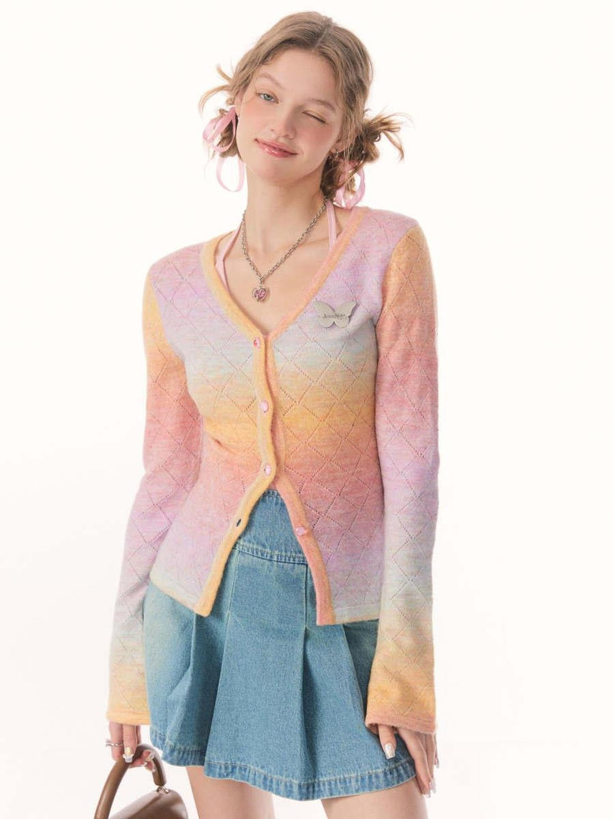 ZIZIFEI Us Vintage Colorblock Gradient Button V-neck Women'S Viscose Knit Cardigans