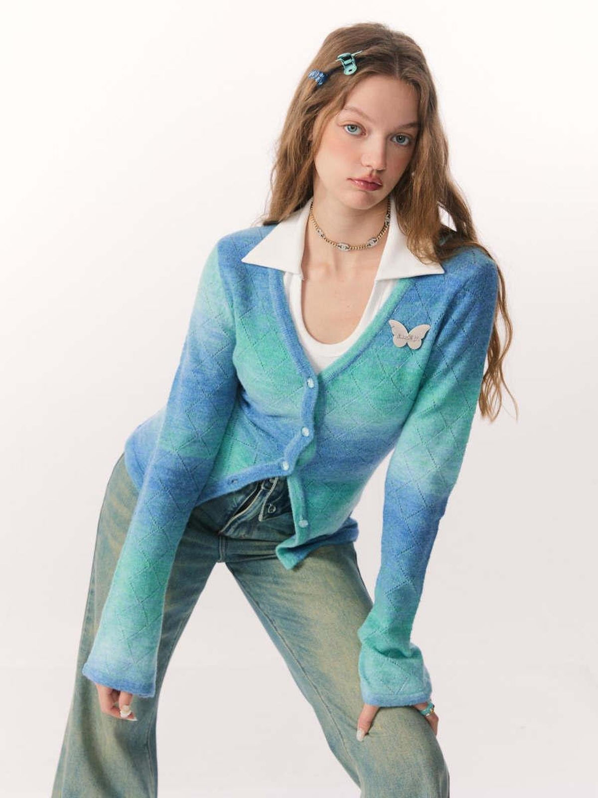ZIZIFEI Us Vintage Colorblock Gradient Button V-neck Women'S Viscose Knit Cardigans