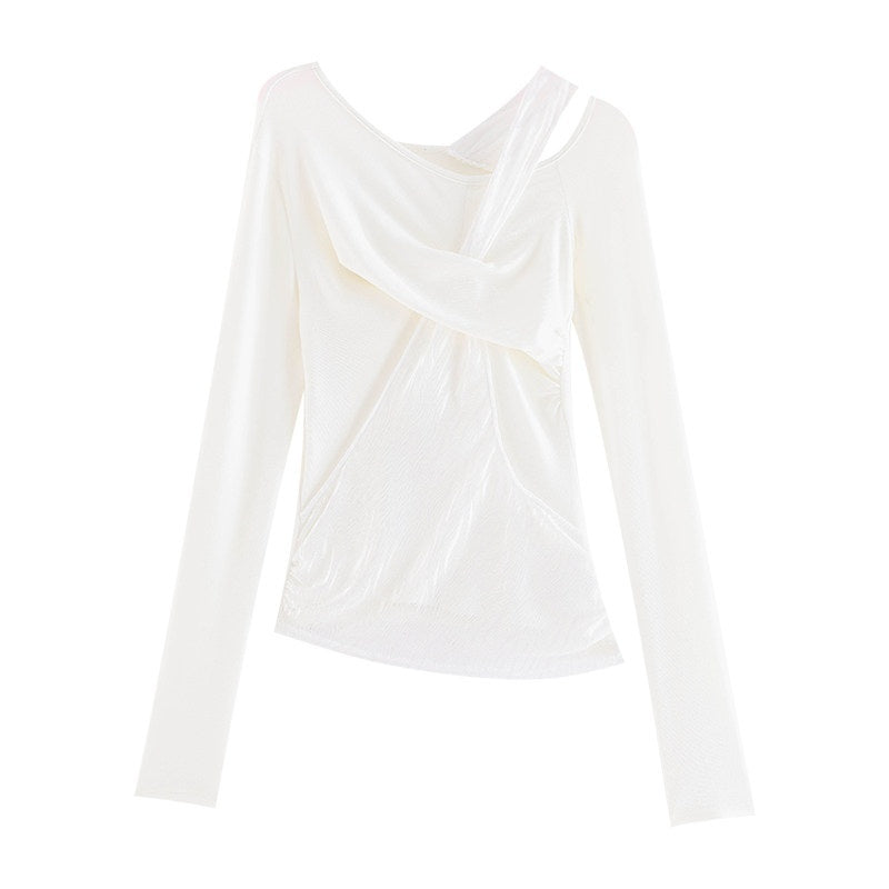ABWLR_White_Halter_Off_Shoulder_Faux_Two_Piece_Slim_Women'S_Long_Sleeve_T-Shirts_MISSTT