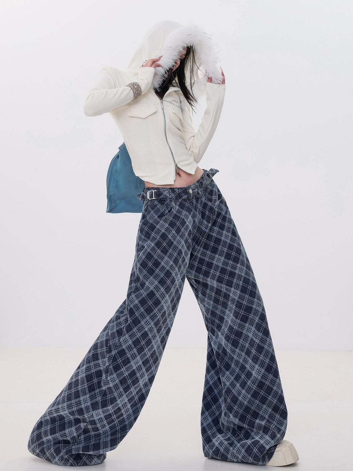 ABWLR Plaid American Adjustable Button Women'S Tweed Wide-Leg Jeans