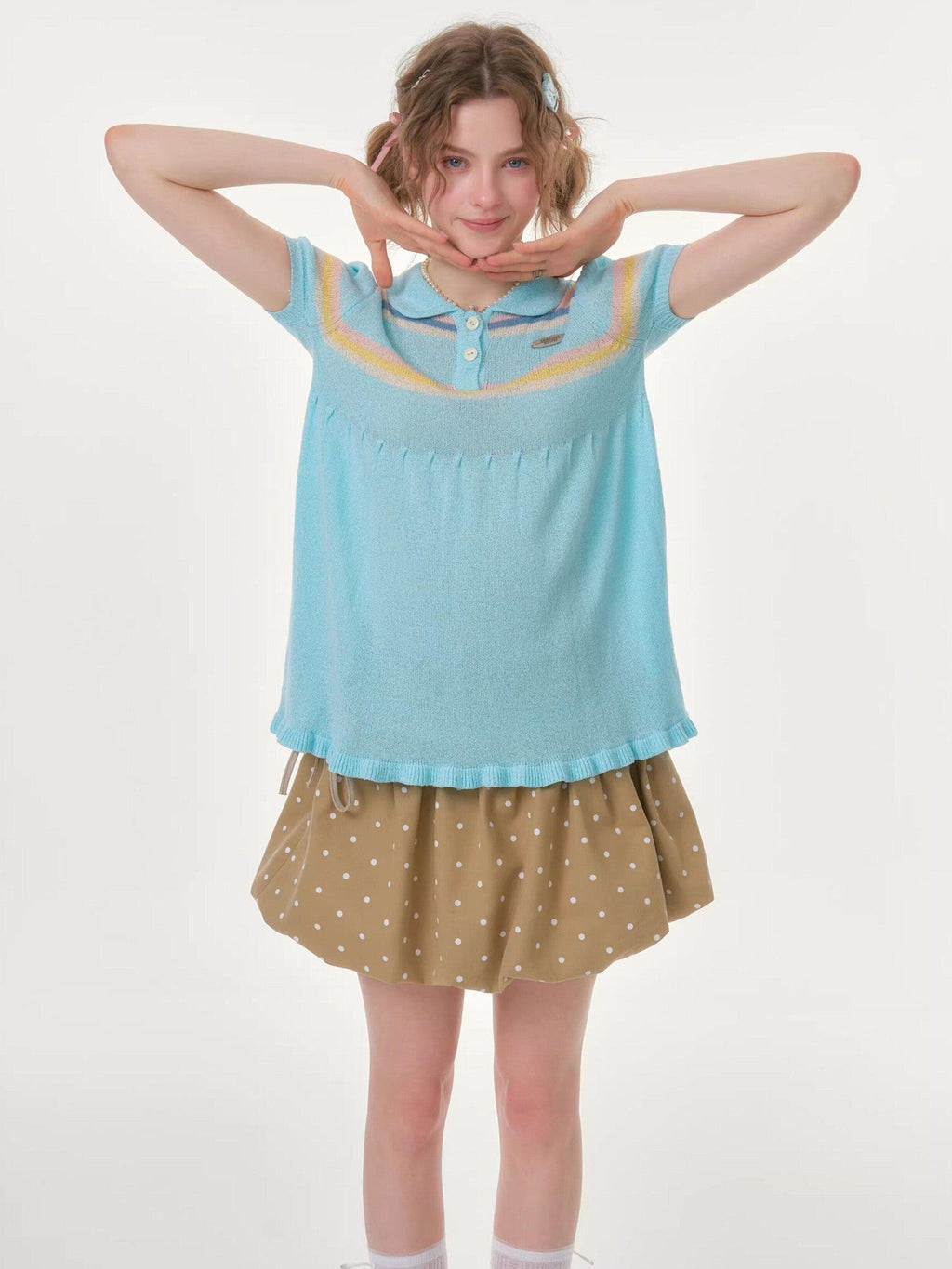 ZIZIFEI Dreamy Rainbow Knitted Doll Collar Women'S Deep Blue Short Sleeve T-Shirts