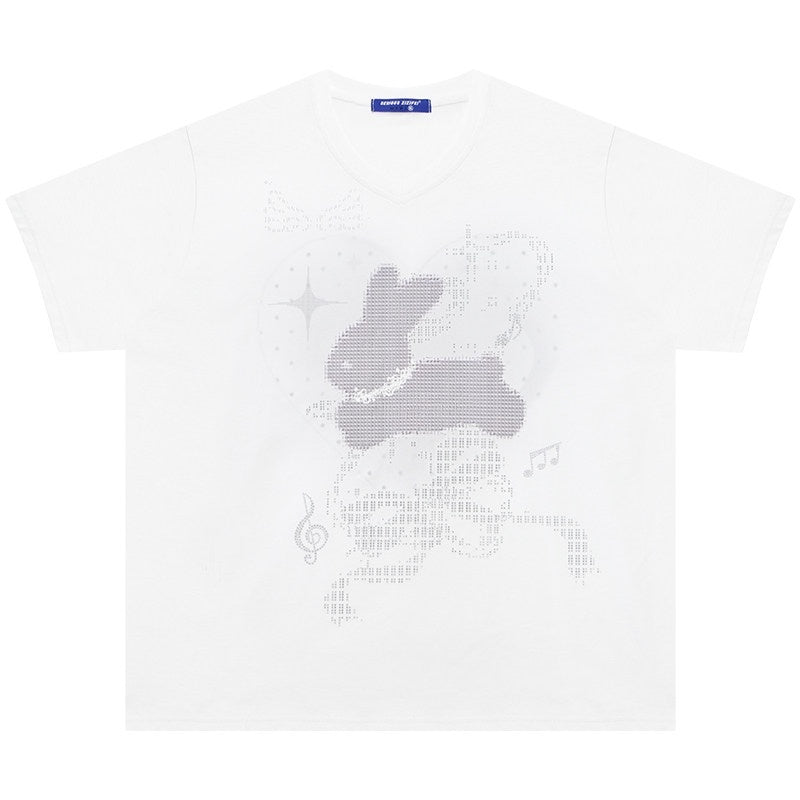 ZIZIFEI_Pixel_Rabbit_Rhinestone_V-neck_Loose_Women'S_Cotton_Short_Sleeve_T-Shirts_MISSTT