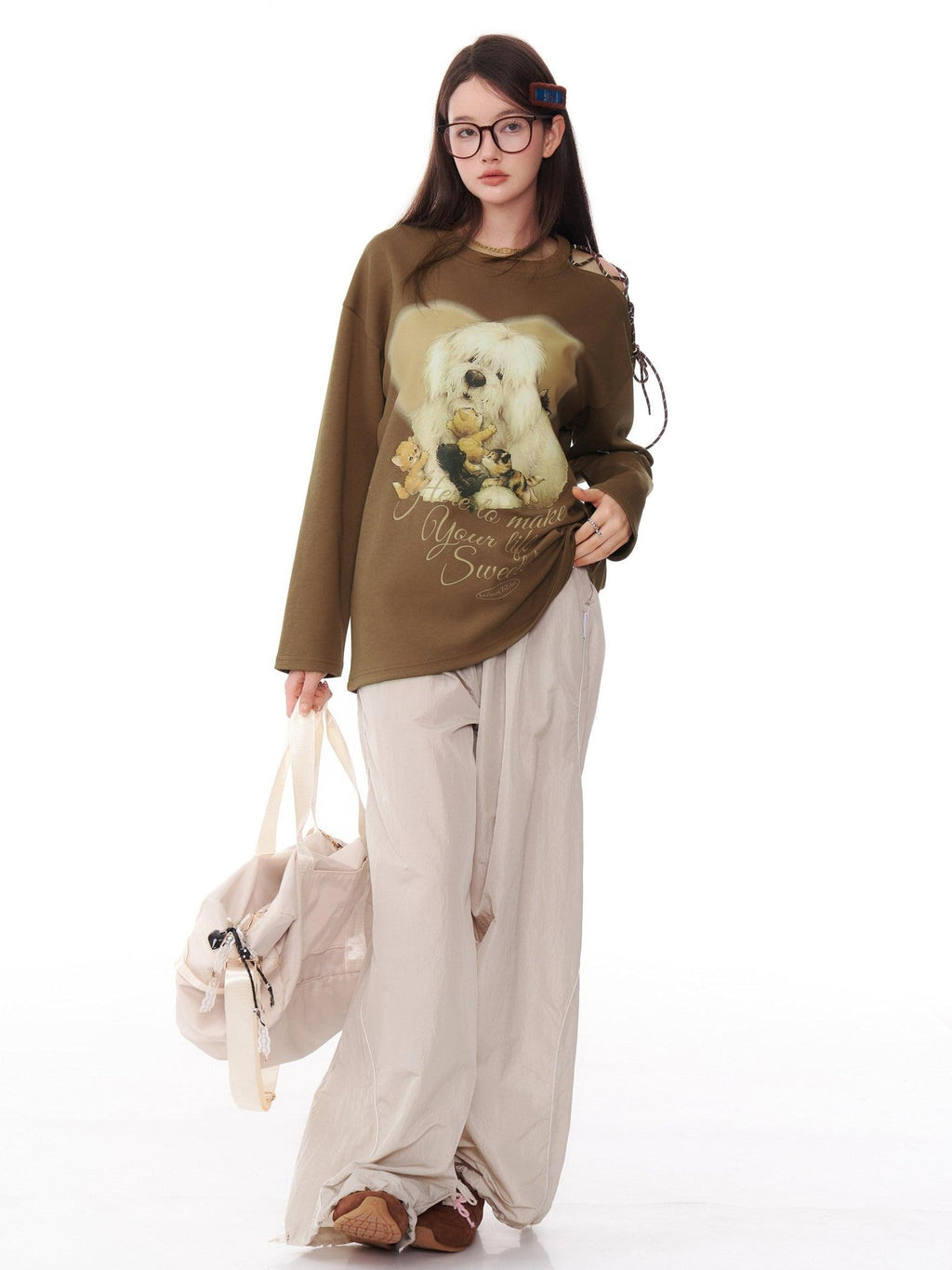 ZIZIFEI Vintage Dog Print Tie Off Shoulder Women'S Cotton Blend Long Sleeve T-Shirts