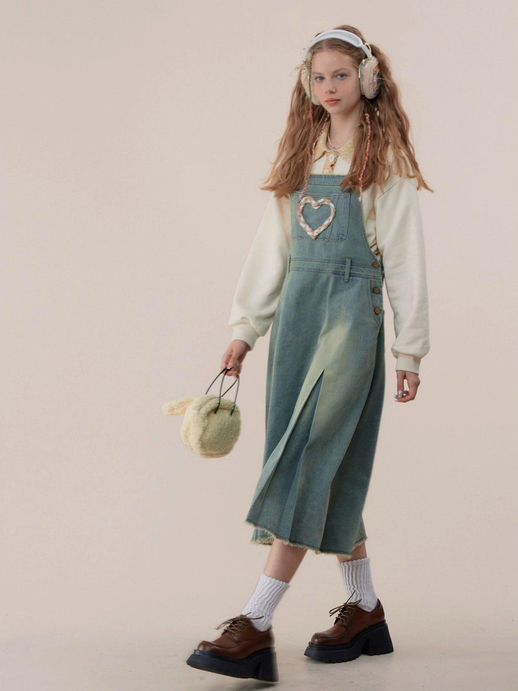 ZIZIFEI Denim 3D Heart Strap A Line Women'S Cotton Blend Casual Midi Dresses