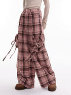 ZIZIFEI Pink Plaid High Waist Large Pocket Straight Women'S Polyester Wide-Leg Pants