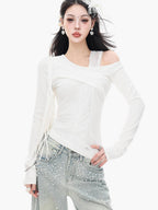 ABWLR White Halter Off Shoulder Faux Two Piece Slim Women'S Long Sleeve T-Shirts
