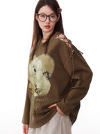 ZIZIFEI Vintage Dog Print Tie Off Shoulder Women'S Cotton Blend Long Sleeve T-Shirts