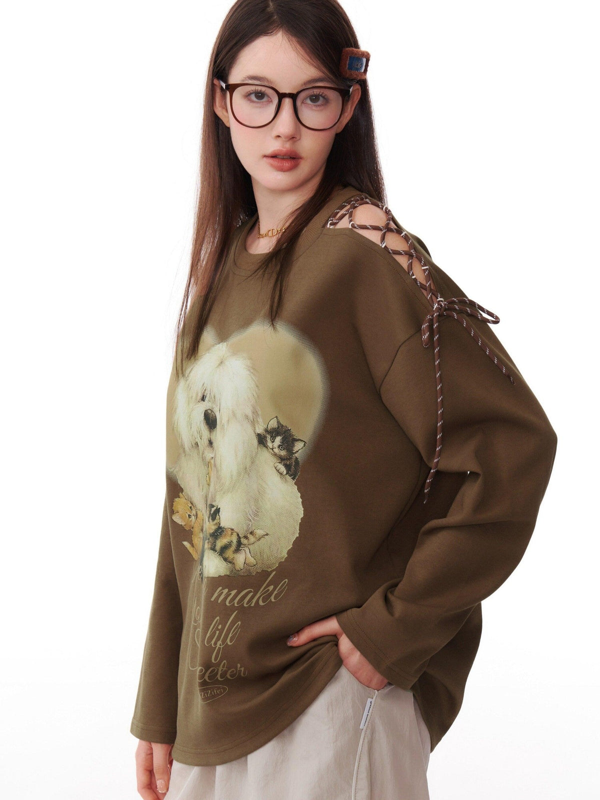 ZIZIFEI Vintage Dog Print Tie Off Shoulder Women'S Cotton Blend Long Sleeve T-Shirts