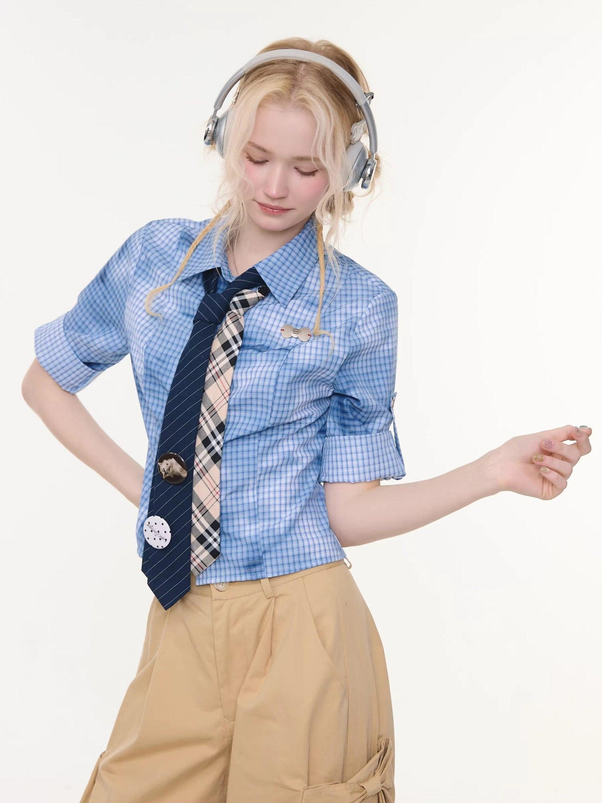 ZIZIFEI Mist Blue Ombre Plaid Waist Cinch Lapel Slim Women'S Short Sleeve T-Shirts