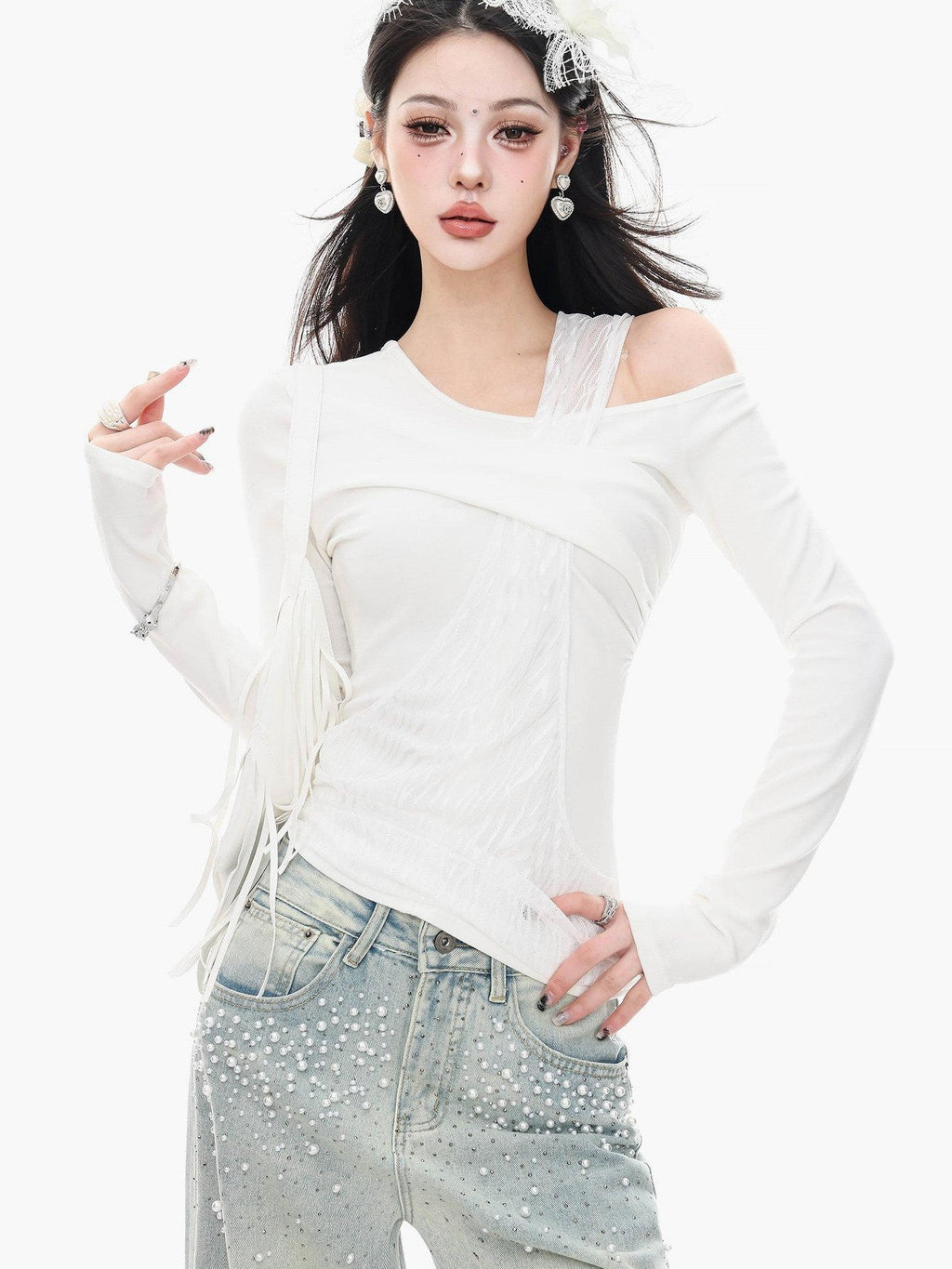 ABWLR White Halter Off Shoulder Faux Two Piece Slim Women'S Long Sleeve T-Shirts