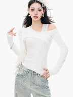 ABWLR White Halter Off Shoulder Faux Two Piece Slim Women'S Long Sleeve T-Shirts