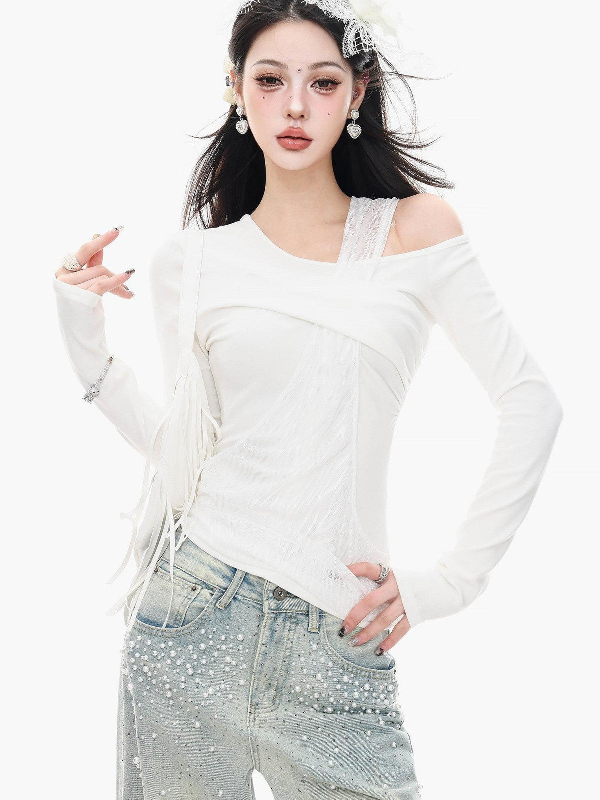 ABWLR White Halter Off Shoulder Faux Two Piece Slim Women'S Long Sleeve T-Shirts