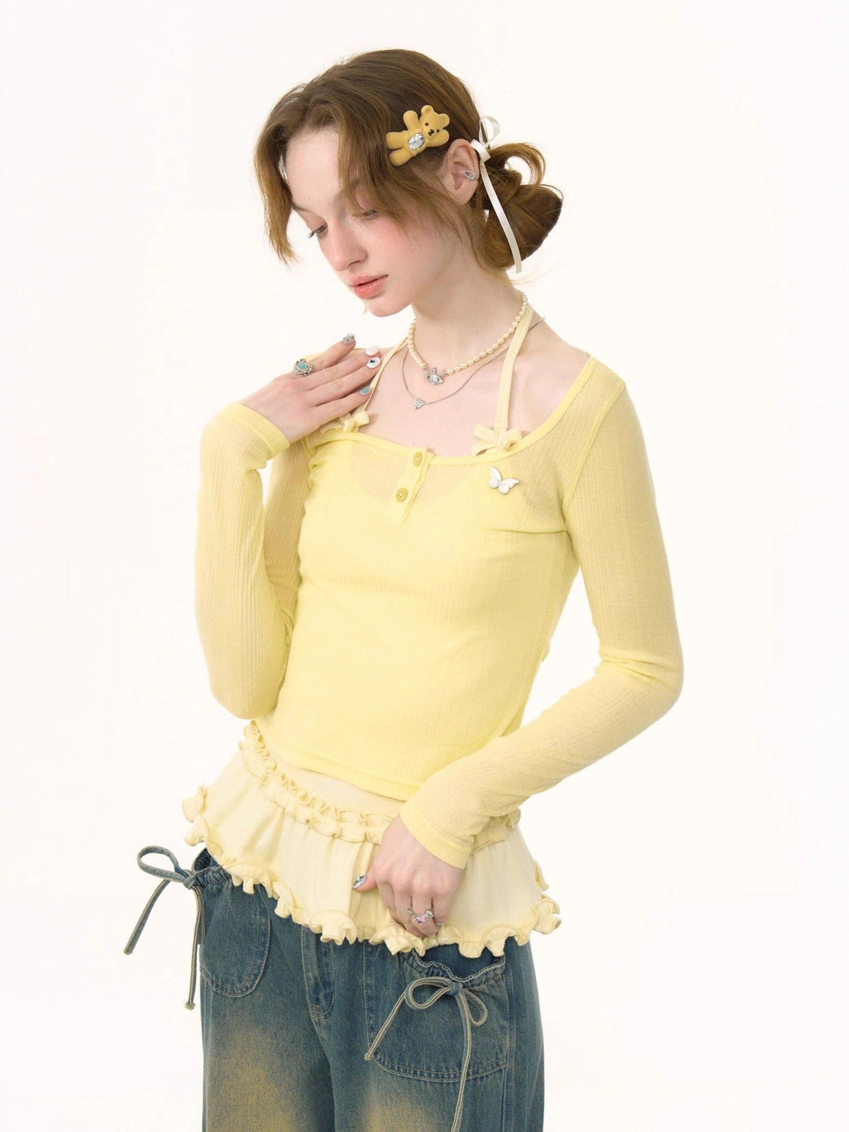 ZIZIFEI Yellow Patchwork Slim Sheer Knit Women'S Polyester Viscose Long Sleeve T-Shirts