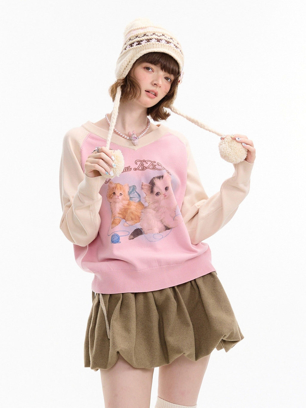 ZIZIFEI V-neck Soft Knit Cat Print Colorblock Raglan Women'S Viscose Blend Sweaters