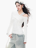 ABWLR White Halter Off Shoulder Faux Two Piece Slim Women'S Long Sleeve T-Shirts